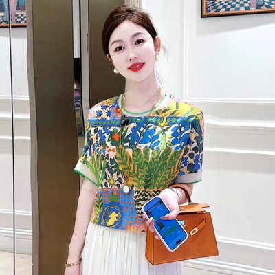 现货 春野漫绘~时尚圆领短袖洋气小衫显瘦宽松T恤印花百搭上衣夏