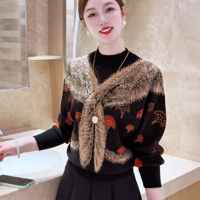 暗香绘墨~软糯亲肤抗起球保暖针织衫宽松显瘦洋气内搭撞色毛衣冬