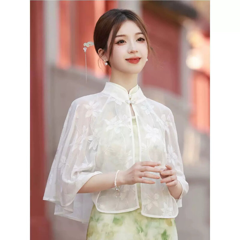 旗袍披肩女外搭开衫春秋洋派白色防晒披风斗篷中国风复古蕾丝云肩