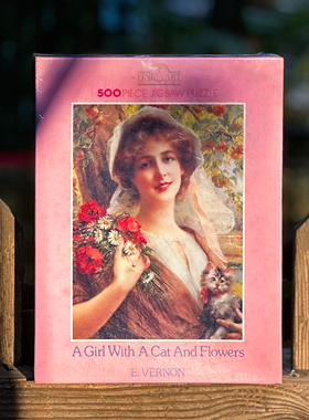 绝版 日本Beverly进口拼图 E.Vernon 怀抱鲜花和猫仔的女孩 500片