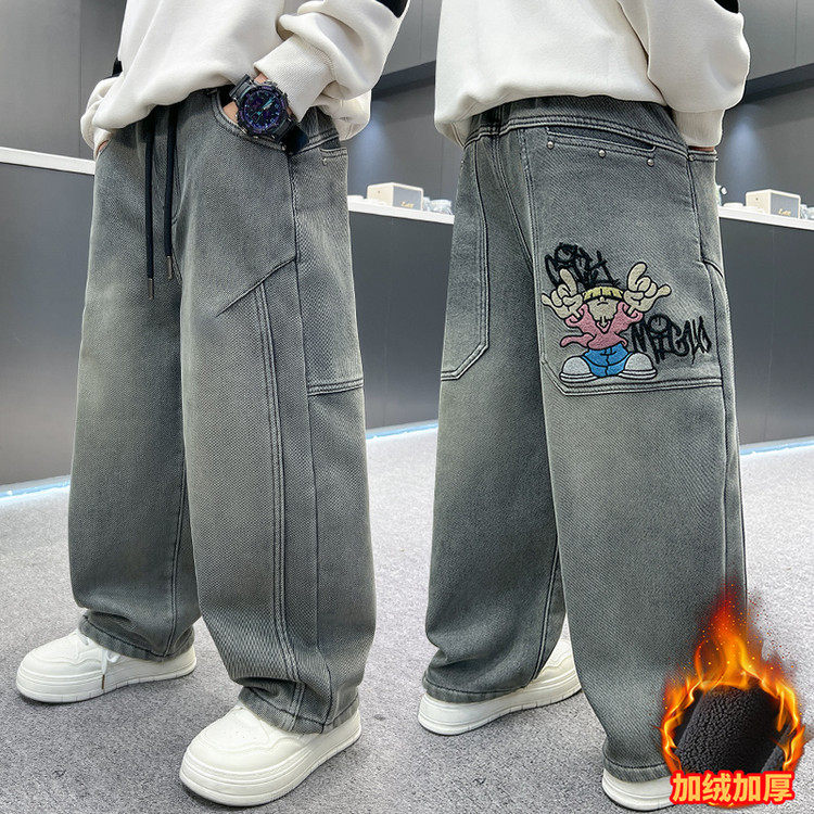 男童冬季一体加绒裤子2025新款中大童儿童冬款男孩加厚运动卫裤