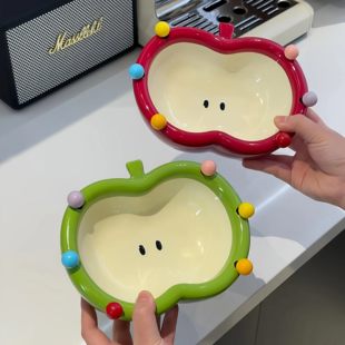 苹果陶瓷可爱水果盘客厅家用茶几创意卡通甜品碗自带水果叉沙拉碗