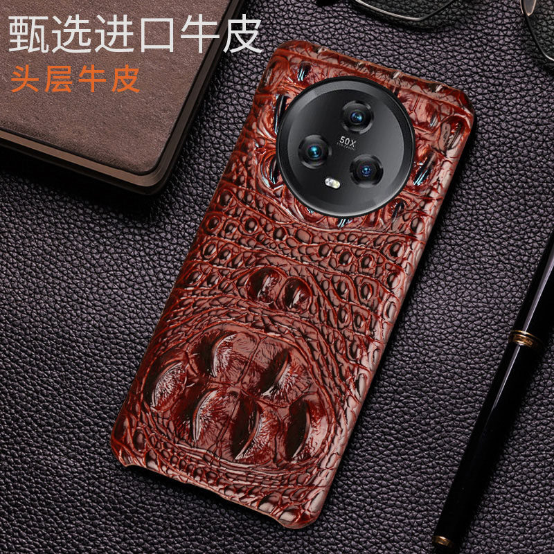 适用荣耀Magic5Pro手机壳新款真皮高档Magic4Pro商务限量版Magic3牛皮鳄鱼大骨Magic4至臻版半包防摔保护壳