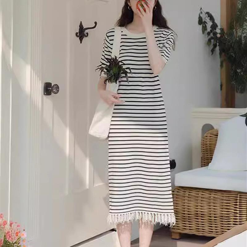 复古黑色条纹连衣裙女夏2025新款学院风法式显瘦休闲学生中长裙子