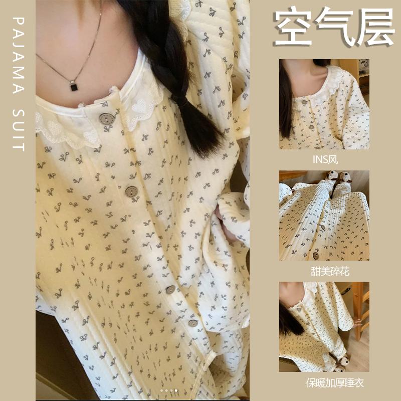 日本秋冬2025新款甜美蕾丝圆领碎花睡衣女加厚空气夹棉保暖家居服