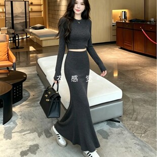 轻奢半身裙修身显瘦包臀鱼尾长裙女秋冬两件套装裙长袖上衣打底衫