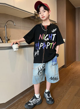 大童男装一米二三四五六年级七八九十岁小孩夏衣服休闲短袖套装黑