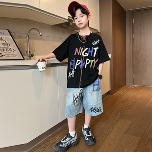 大童男装一米二三四五六年级七八九十岁小孩夏衣服休闲短袖套装黑