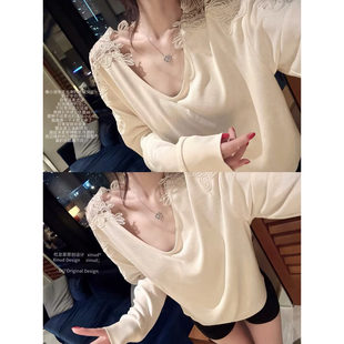 原创温柔蕾丝拼接v领长袖 内搭纯欲上衣女 比佛利白月光 杜总家