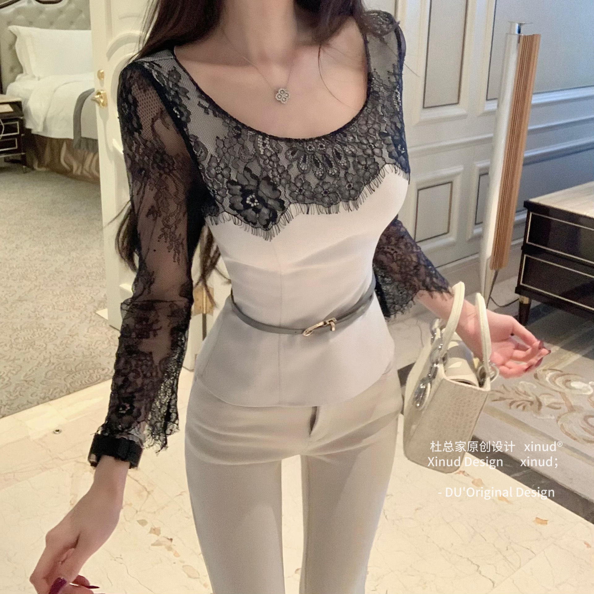 杜总家 冷香晚雾*原创小香风御感蕾丝拼接修身百搭长袖打底上衣女