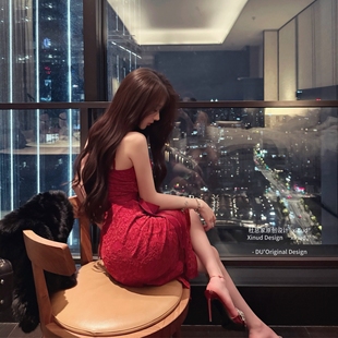 杜总家 女人味红色雪尼尔蕾丝性感纯欲气质吊带连衣长裙 红玫瑰