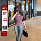 杜总家 上衣 百搭中袖 心跳捕手 原创定制钻链设计辣妹纯欲镂空修身