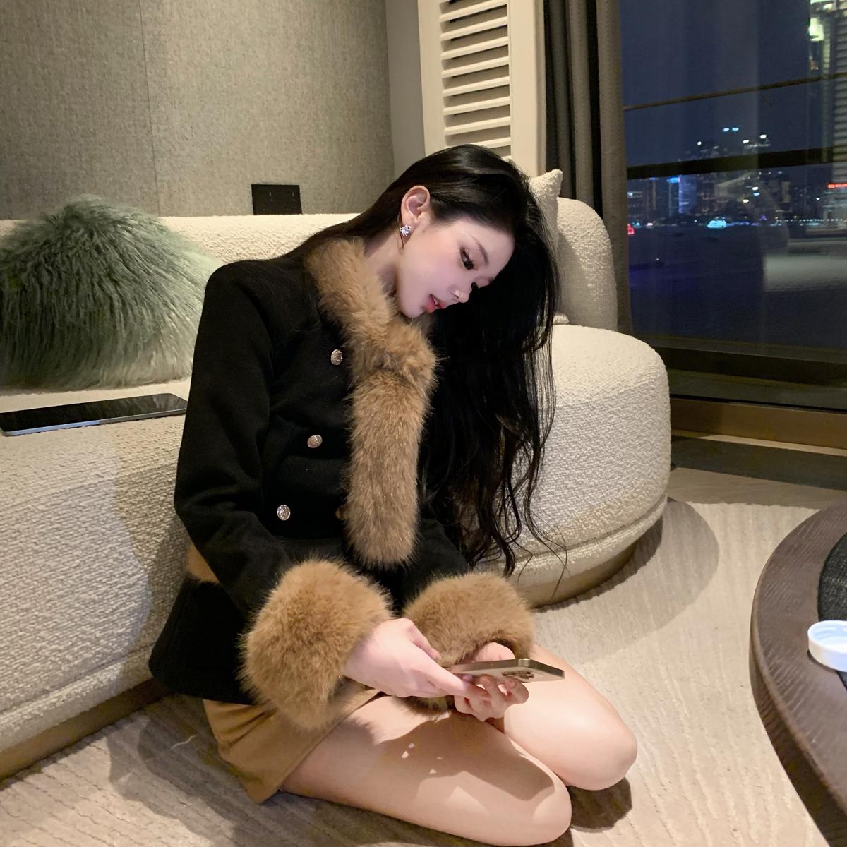 杜总家 世家财阀女*原创小香风收腰英伦风西装带毛领千金感外套冬