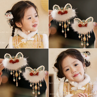 新年醒狮流苏蝴蝶结发夹儿童前额汉服古风配饰女童红色拜年头饰