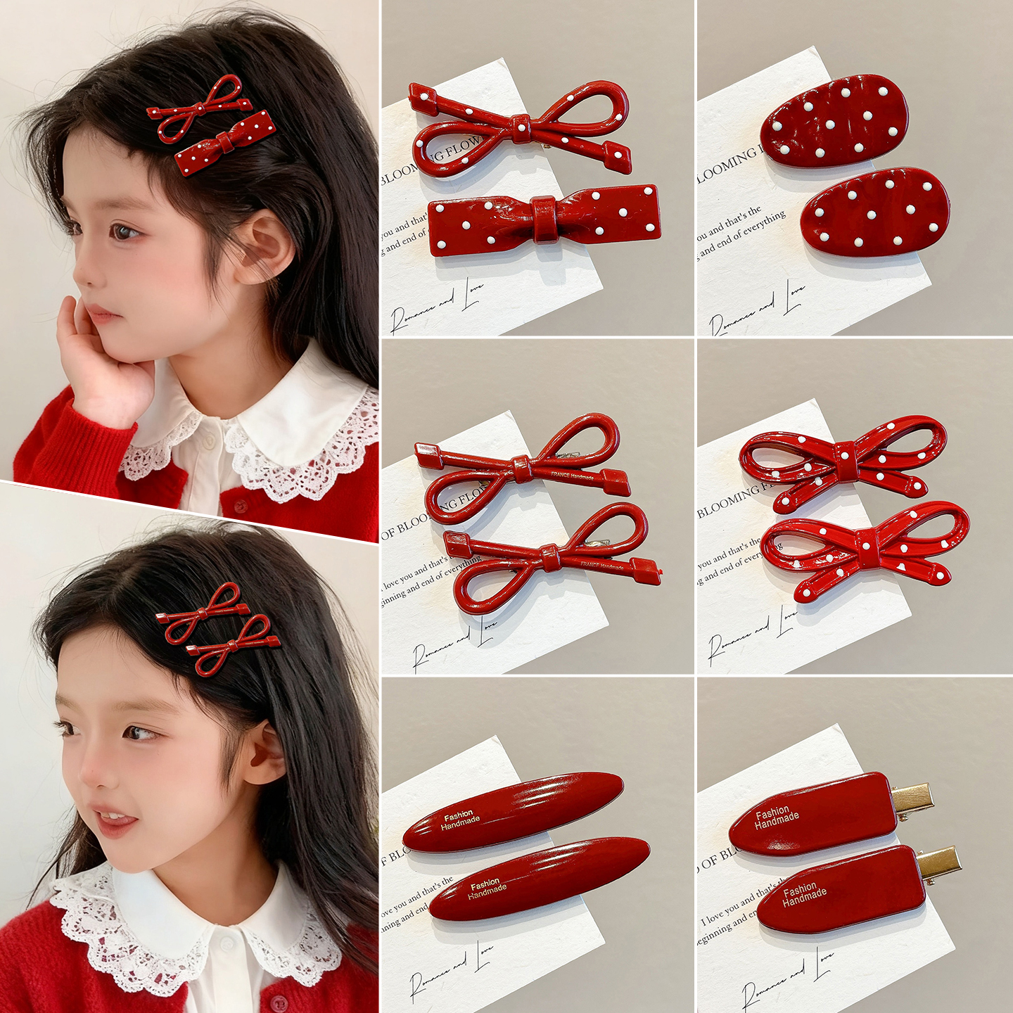 儿童新年红色蝴蝶结发夹女童2025新款可爱前额刘海侧边鸭嘴夹发卡