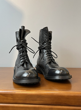 升级版~水洗马皮~ANN手工复古马丁靴女款低跟系带侧拉链机车短靴