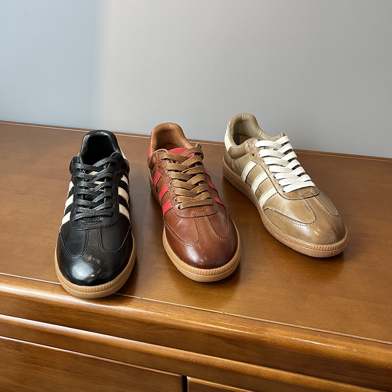 手工~水洗马皮~三条杠德训鞋女款平底复古系带拼色阿甘鞋训练鞋