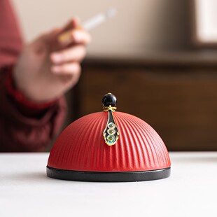 官帽陶瓷烟灰缸复古防风带盖C防飞灰创意中式 新品 客厅家用轻奢茶