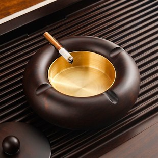 新品 实木黑金属铜带盖烟缸飞制客厅家用 创意个性 檀烟灰缸q防中式