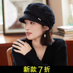 帽子女冬季秋冬针织毛线帽时尚兔毛贝雷帽韩版潮鸭舌帽加厚渔夫帽