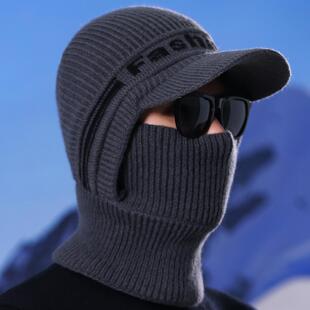 2025新款潮秋冬季加绒加厚护耳朵防寒针织毛线套头围脖一体帽子男