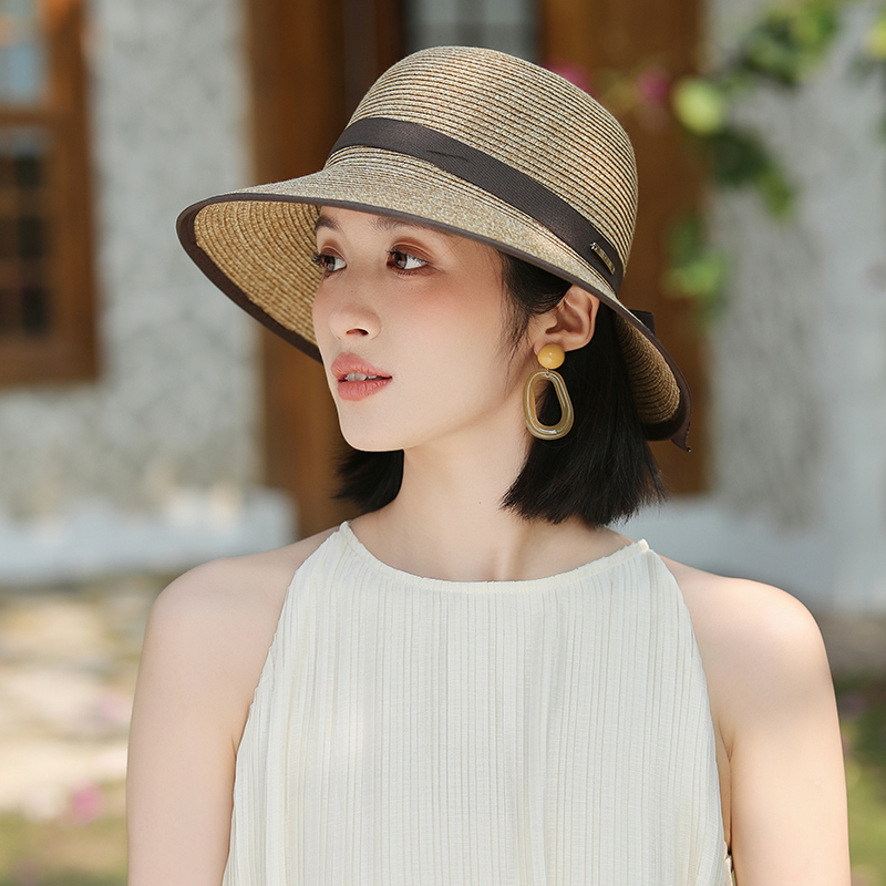时尚洋气草帽夏季2025海边出游大檐遮阳防晒帽圆顶渔夫帽子显脸小