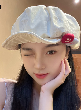日系复古棉麻八角帽女夏季彩色毛毡纽扣画家帽子不对称云朵贝雷帽