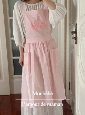 monbebe韩国进口刺绣小鸡粉色梦幻法式乡村可爱蝴蝶结厨房围裙