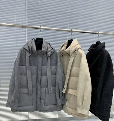 欧洲站2025年冬装新款流行女装羽绒服双面羊绒拼接连帽领保暖显瘦