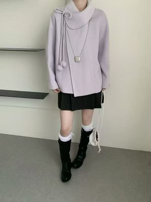 郁金香系带翻领双面羊毛呢大衣女2025冬季韩版宽松显瘦中长款外套