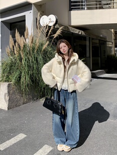 2025新款韩版简约宽松羊毛大衣拉绒拼接连帽90白鹅绒短款羽绒服女