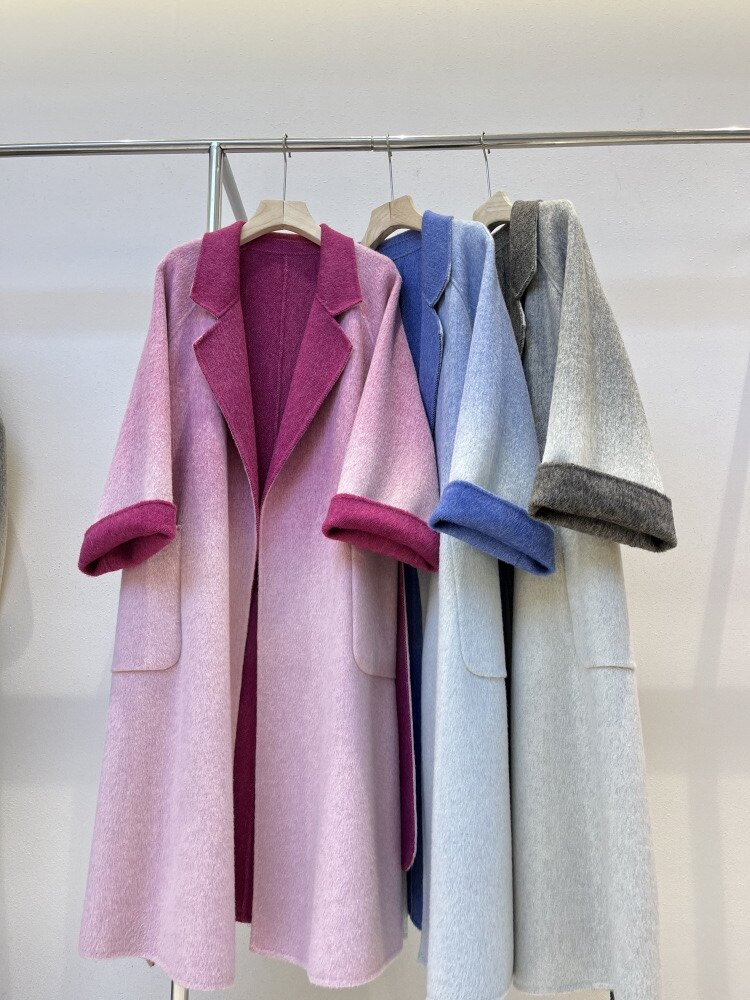 2025新款羊毛渐变色睡袍西装领系带双面羊绒大衣加长款羊毛外套女,女装/女士精品,毛呢外套,淘宝优惠券,粉丝福利购,淘宝优惠卷