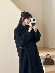 花苞领斜襟双面羊绒大衣女中长款2025秋冬新款羊毛呢外套优雅廓形