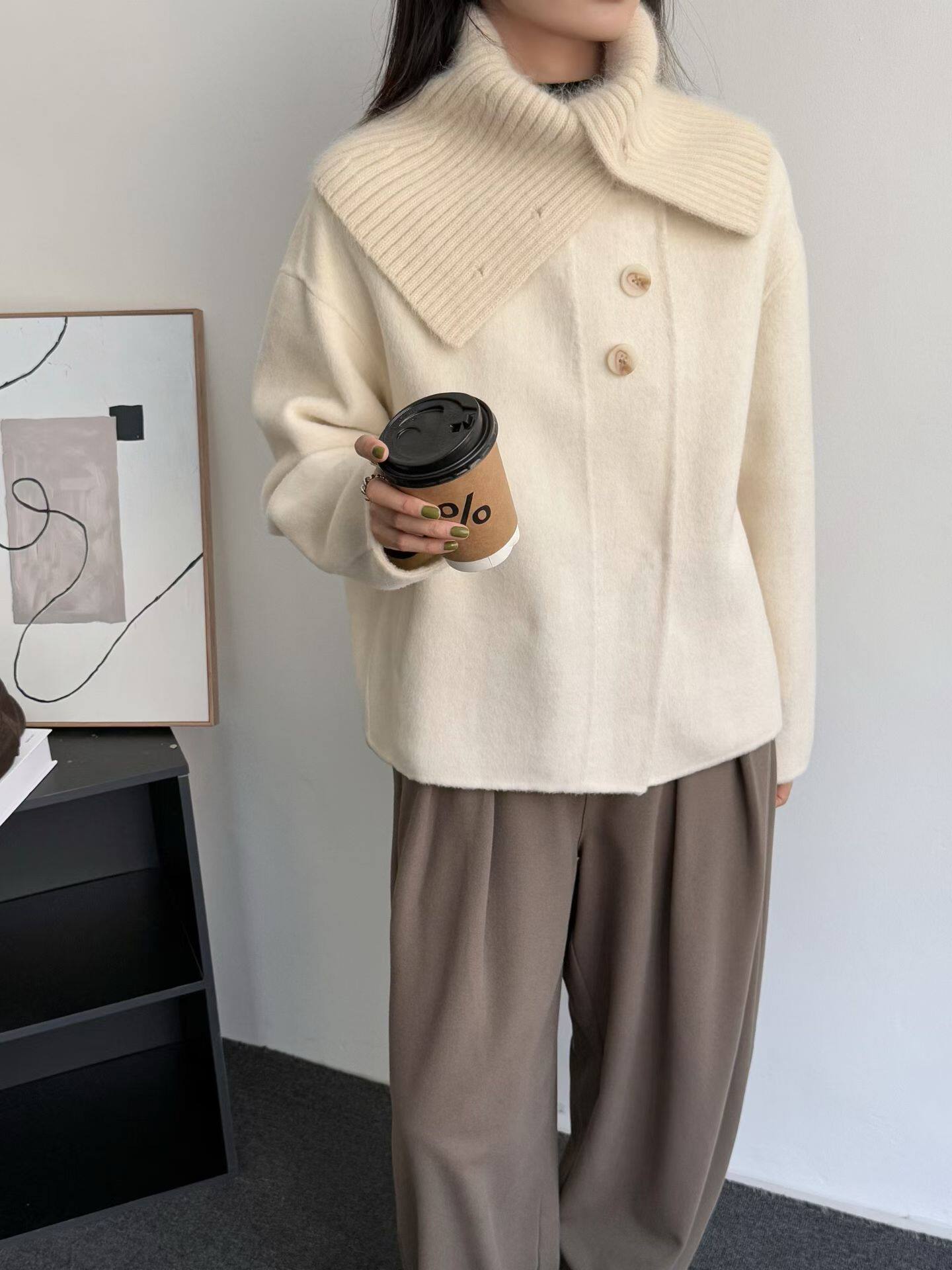 双面羊绒大衣针织翻领高级感毛呢大衣女2025冬季新款全羊毛短外套