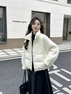 2025秋冬欧货羊绒拉绒羊毛大衣拼接羽绒服立领短款女白鹅绒外套
