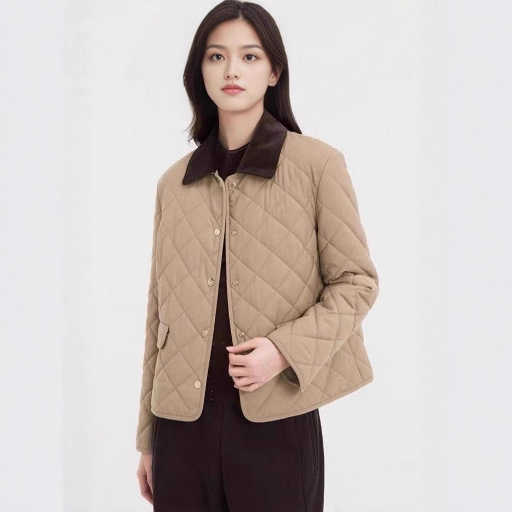 珂***商场同款2025冬季新品时尚复古菱形格轻薄款保暖棉服外套