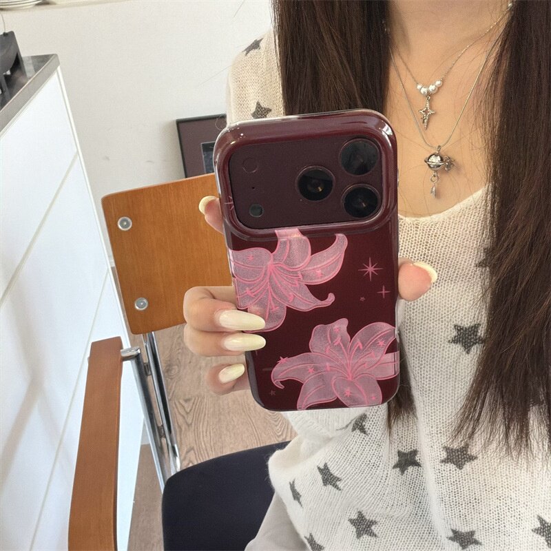 韩系复古酒红色百合花适用iphone18Promax苹果17手机壳16双层15女保护套iPhone