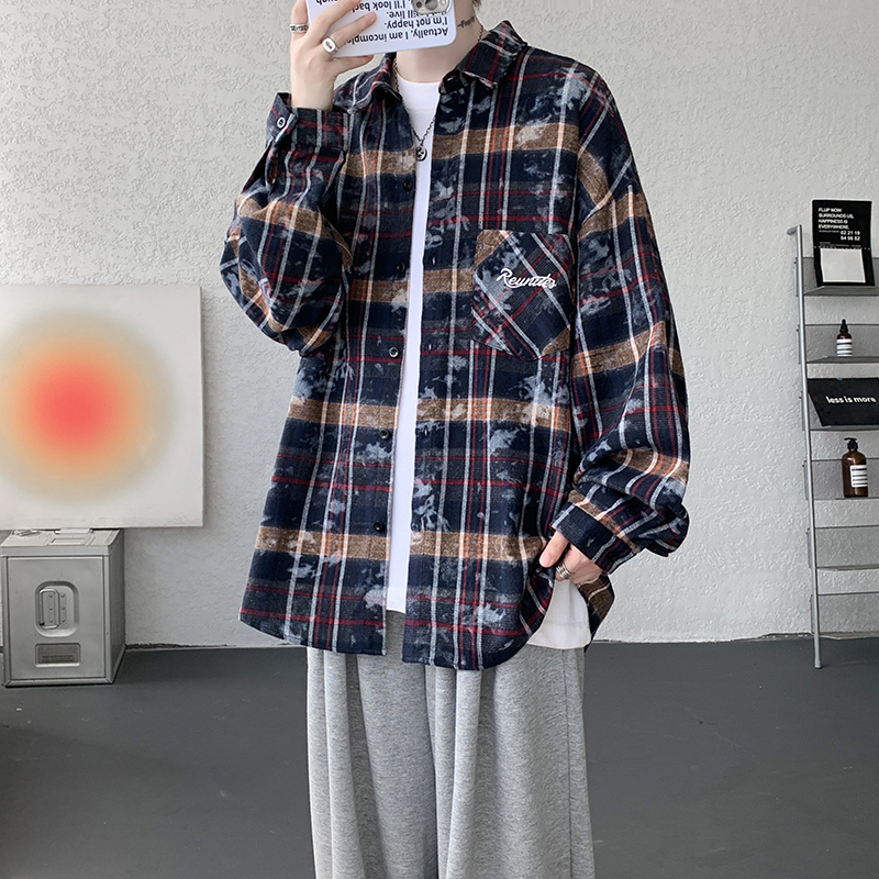 灰色扎染刺绣格子衬衫男款夏季美式高街长袖衬衣高级设计感外套潮