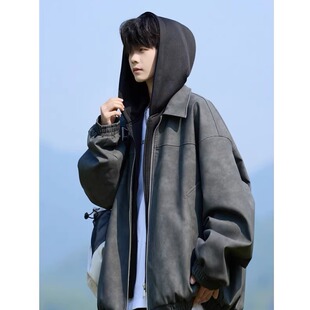 假两件连帽棒球服美式 春秋休闲夹克外套 机车皮衣男秋冬季 宽松大码