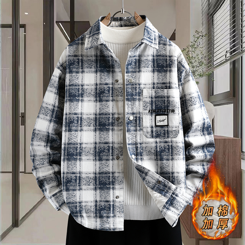 纯棉牛仔加棉加厚衬衫2025秋冬季新款格子衬衣外套青少年棉服上衣