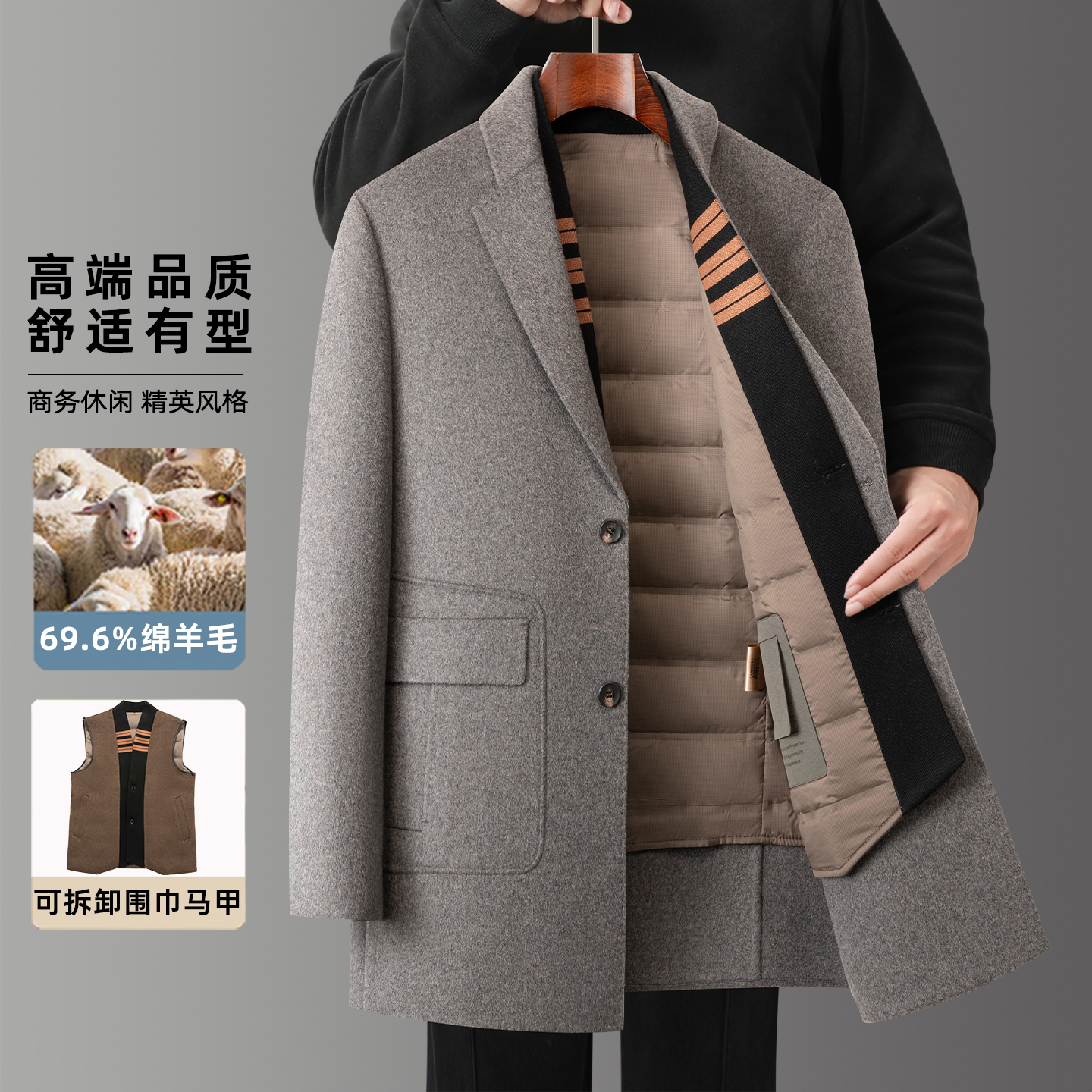 悟空有货双面呢大衣男羊毛羽绒内胆外套秋冬季高端中长款加厚风衣