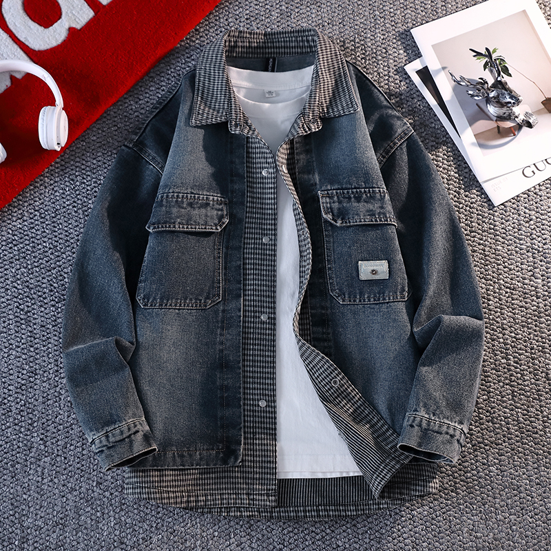 假两件牛仔外套男秋季2025年美式工装衬衫领夹克男宽松休闲上衣服