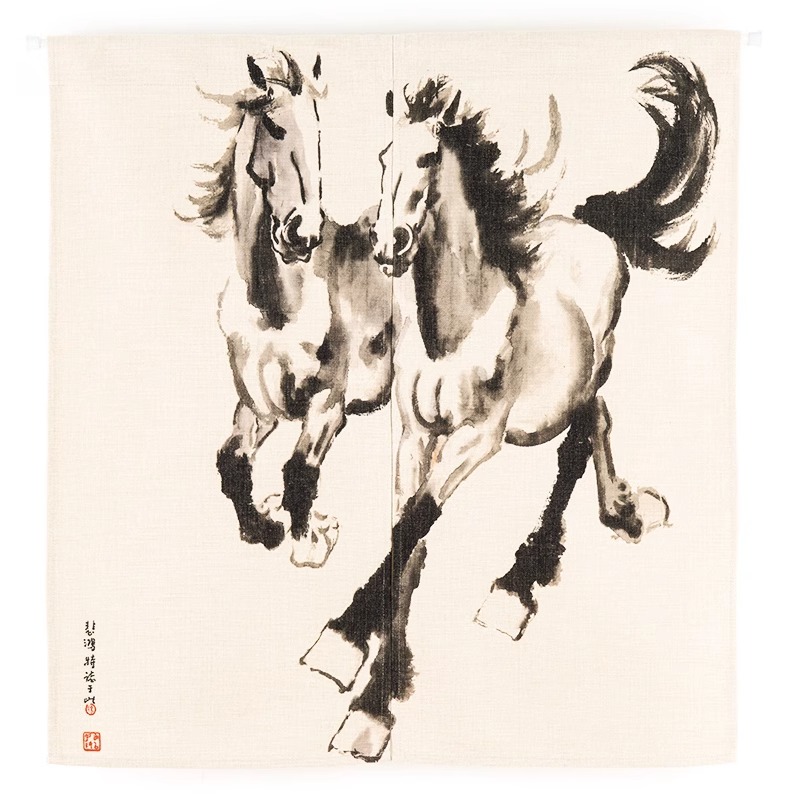 徐悲鸿马国画布艺门帘书房客厅挂画挂帘玄关帘简约装饰门帘图片