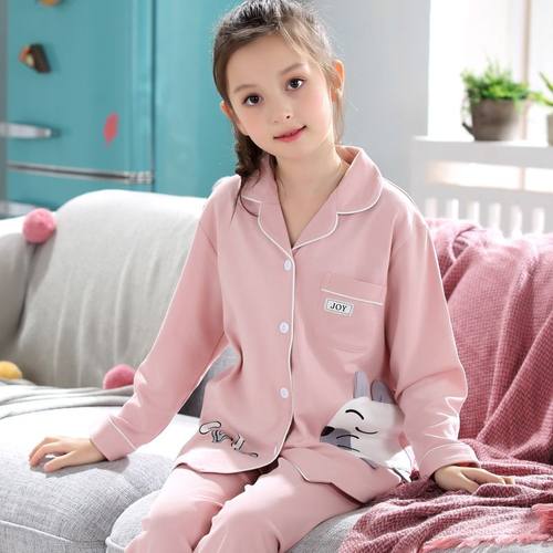 纯棉翻领儿童睡衣睡裤春秋季全棉女童中大童胖女孩开衫家居服套装