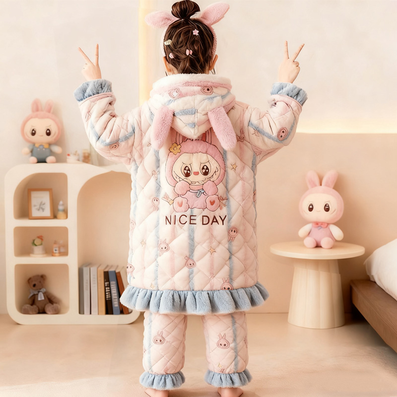 拉布布睡衣睡裤冬季加绒加厚款珊瑚绒女童家居服三层夹棉女孩花边