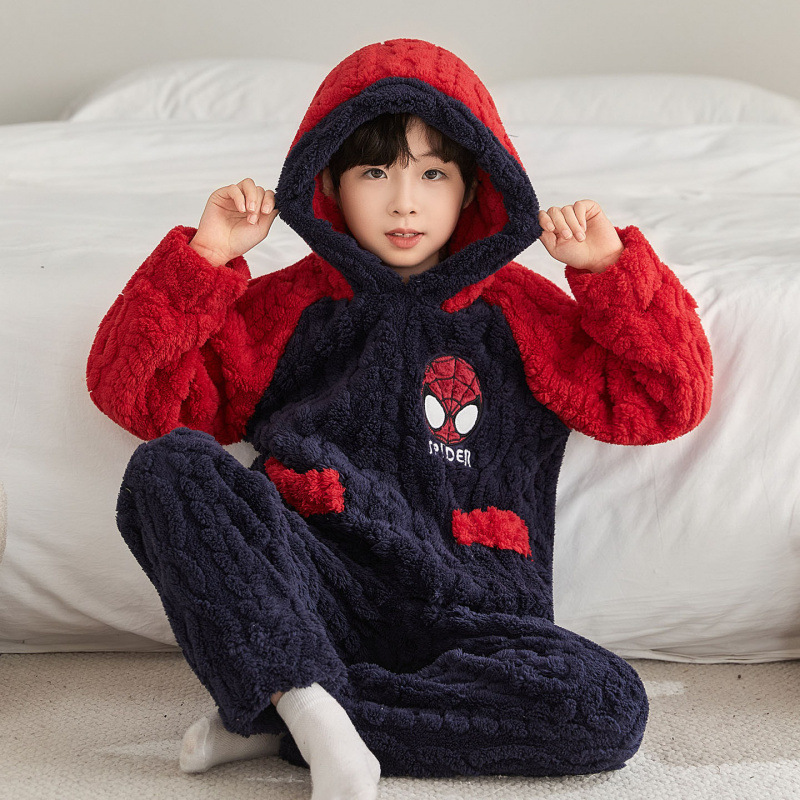 儿童睡衣冬款男童珊瑚绒法兰绒男孩加厚2026新款蜘蛛侠漫威家居服