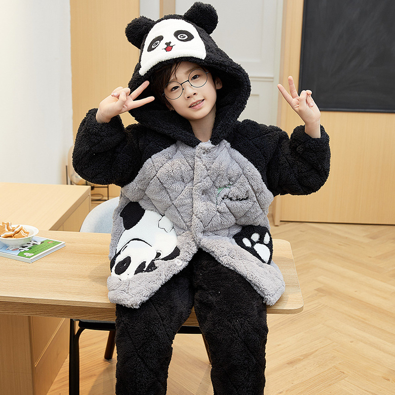 熊猫儿童睡衣男孩2026新款冬季加厚款三层夹棉珊瑚绒男童宝家居服