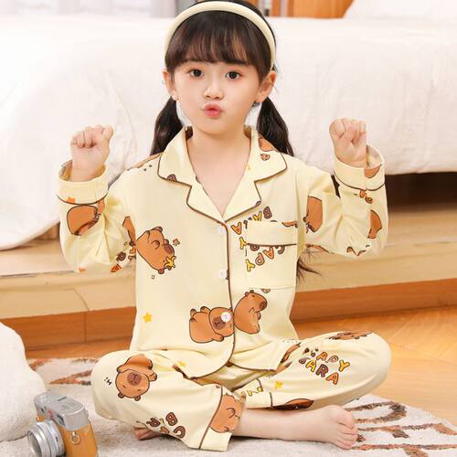 儿童女童套装睡衣睡裤长袖长裤春秋款夏装capybara卡皮巴拉家居服