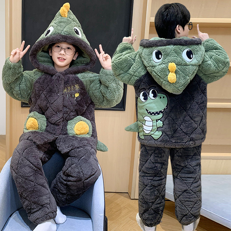 三层珊瑚绒夹棉睡衣冬季2025新款加厚开衫儿童男孩连帽恐龙家居服