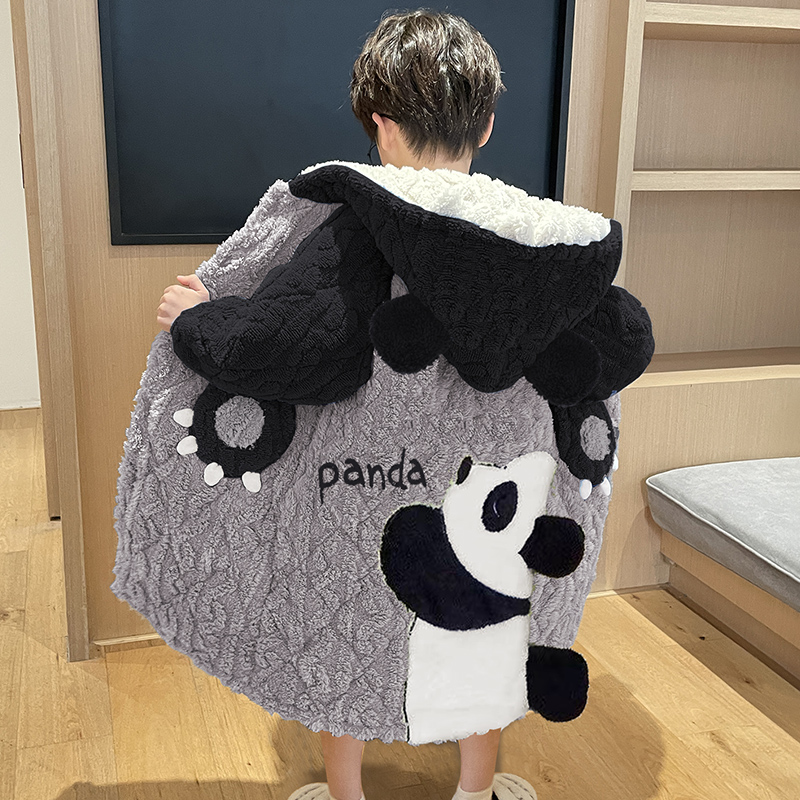 冬季加绒加厚男童保暖冬天儿童三层夹棉连帽开衫可爱熊猫睡衣男孩